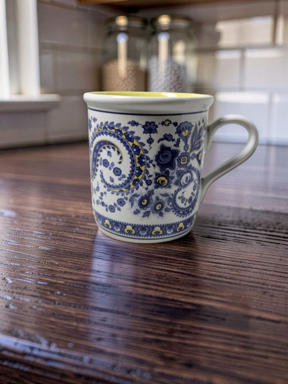 Vintage Stoneware Blue,White,Yellow Paisley Design Coffee Mug.